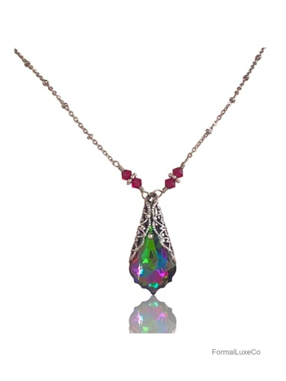 Baroque Crystal Filigree Pendant Necklace, Art Deco Women's Jewelry, Adjustable